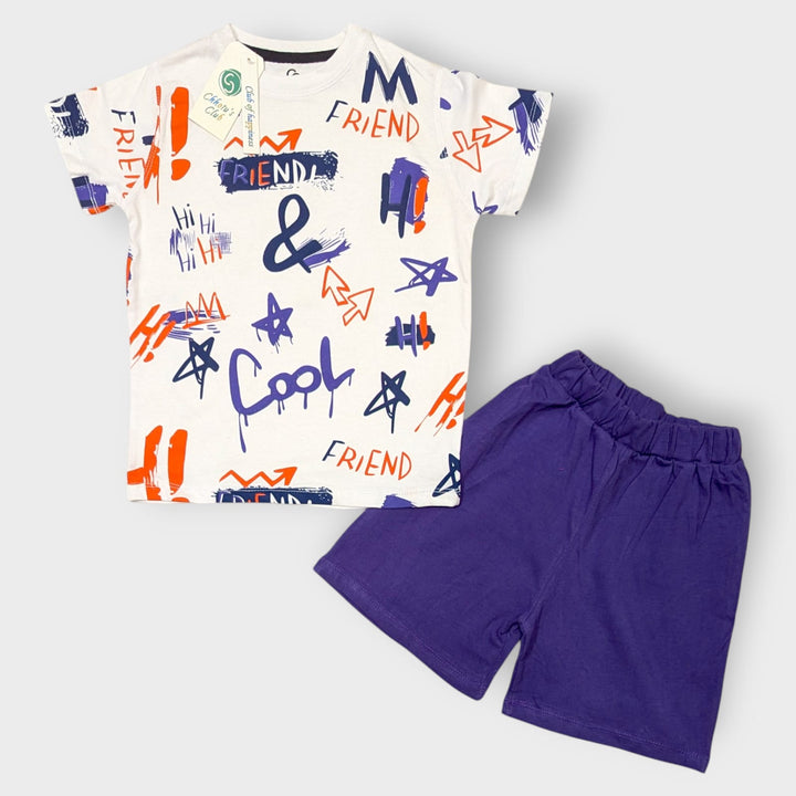 Boys Graffiti-Print White & Purple Summer Set