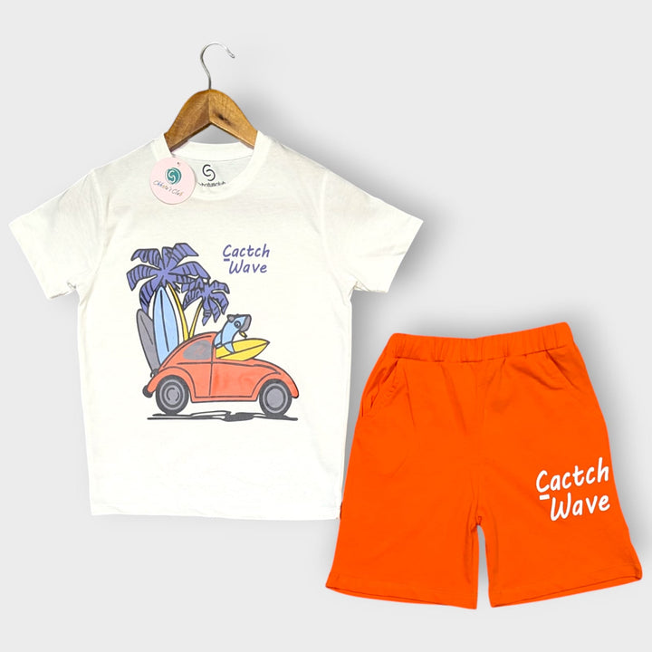 White & Orange "Catch Wave" Cotton Kids' Outfit