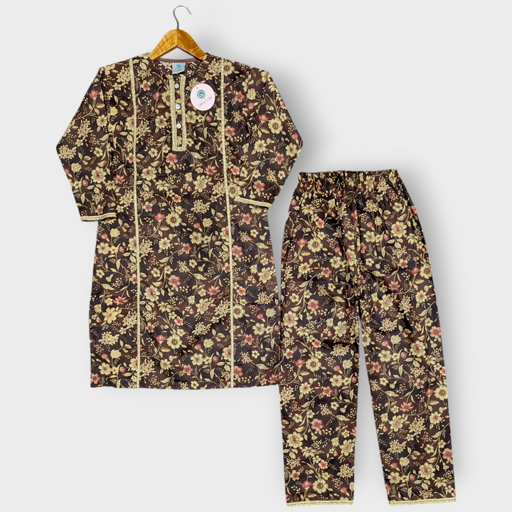 Girl printed lawn shalwar kameez (brown)
